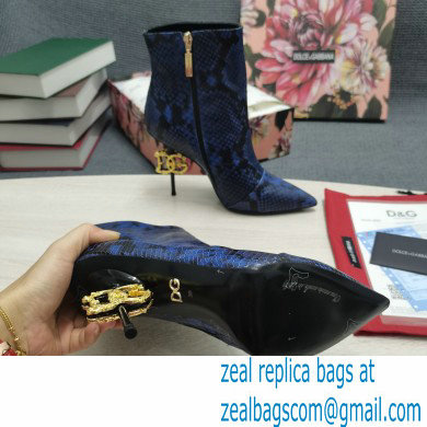 Dolce  &  Gabbana Thin Heel 10.5cm Leather Ankle Boots Snake Print Blue with Baroque DG Heel 2021